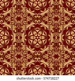 Ornate golden pattern for design. Luxury wallpaper on red. Vector seamless texture in Eastern style. Ornament for invitations, birthday, greeting cards, web pages. Floral oriental decor.