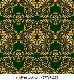 Ornate golden pattern for design. Luxury wallpaper on green. Ornament for invitations, birthday, greeting cards, web pages. Floral oriental decor. Vector seamless texture in Eastern style.