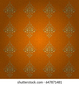 Ornate golden pattern for design. Luxury wallpaper on orange. Floral oriental decor. Vector seamless texture in Eastern style. Ornament for invitations, birthday, greeting cards, web pages.