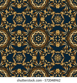 Ornate golden pattern for design. Ornament for invitations, birthday, greeting cards, web pages. Floral oriental decor. Luxury wallpaper on blue. Vector seamless texture in Eastern style.