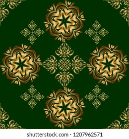 Ornate golden pattern for design. Vector seamless texture in Eastern style. Floral oriental decor. Ornament for invitations, birthday, greeting cards, web pages. Luxury wallpaper on green.