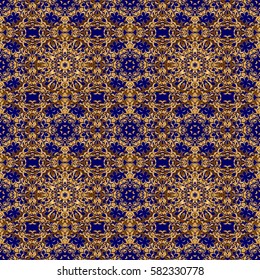 Ornate golden pattern for design. Vector seamless texture in Eastern style. Floral oriental decor. Ornament for invitations, birthday, greeting cards, web pages. Luxury wallpaper on blue.