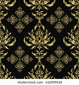 Ornate golden pattern for design. Vector seamless texture in Eastern style. Luxury wallpaper on black. Floral oriental decor. Ornament for invitations, birthday, greeting cards, web pages.