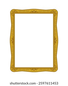 An ornate golden picture frame with intricate floral patterns and a slightly wavy structure on a white background. A decorative vintage-style frame for artwork or s. Vector illustration