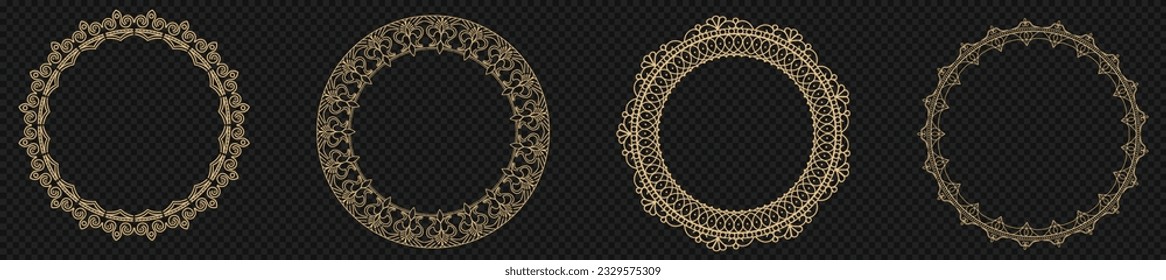 Ornate golden round frame. Circle rings with ornament in oriental tracery and arabic style antique disks with patterned vector ornament.