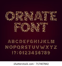 Ornate golden typeface. Ornamental alphabet font. Metallic effect letters and numbers on a dark background. Stock vector typeset for your headers or any typography design.