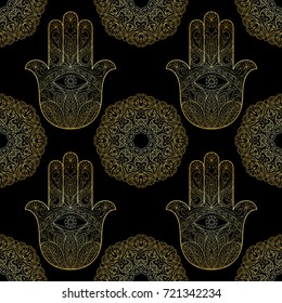 Ornate Golf Hand Drawn Hamsa With Mandala Seamless Pattern. Hand Of Fatima. Arabic, Indian And Jewish Wallpaper.