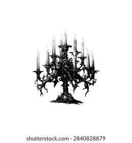 Ornate Gothic candelabrum with multiple burning candles, decorative foliage and intricate baroque details, rendered as a vintage black and white halftone engraving isolated on white.