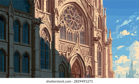 Ornate Gothic Cathedral with Rose Window and Gargoyles at Sunset Illustration