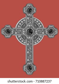Ornate Gothic Cross - High detailed silver cross with black 
beads on red