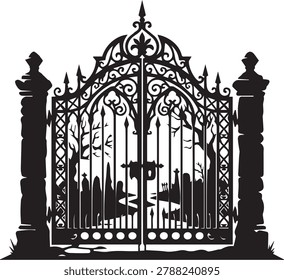 Ornate Gothic Iron Gate Leading into a Spooky Abandoned Cemetery Silhouette