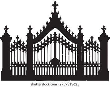 Ornate gothic iron gate silhouette with pointed arches and crosses on white background