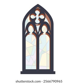 Ornate gothic stained glass window with colorful patterned glass allowing light to shine through