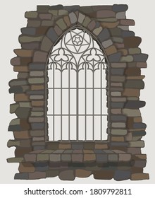 Ornate gothic window a stone wall. vector illustration