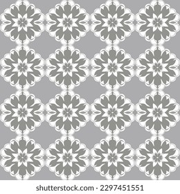 An ornate and graceful floral pattern in gray and white with art deco ornaments, damask and geometric patterns, suitable for watercolor bedding or napkins.
