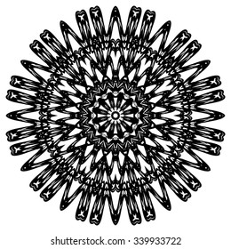 Ornate grunge mandala or festive snowflake. Monochrome  luxury oriental motif. Fantasy element for design. Vintage black  vector illustration.Fantasy symbol  on  white background.Easy editable.