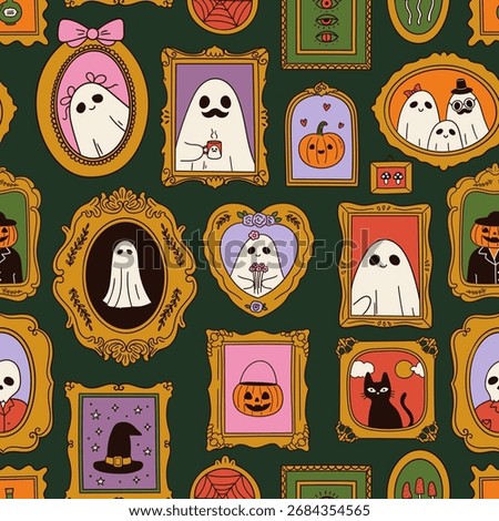 Ornate halloween frames on dark background. Fancy portraits of ghosts, monsters and pumpkins. Seamless vector pattern with gallery of old paintings. Funny fantasy characters