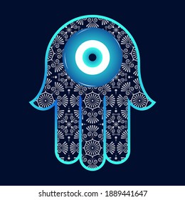 Ornate  hamsa, amulet against the evil eye and spoilage. Popular  amulet. Vector illustration. Mystic, alchemy, occult concept. Design for t-shirt print, psychedelic poster, flyer. As