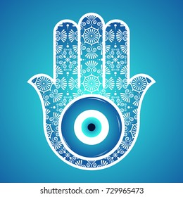 Ornate  Hamsa, amulet against the evil eye and spoilage. Popular Arabic and Jewish amulet. Vector illustration. Mystic, alchemy, occult concept. Astrology, esoteric, religion.