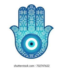 Ornate  Hamsa, amulet against the evil eye and spoilage. Popular Arabic and Jewish amulet. Vector illustration. Mystic, alchemy, occult concept. Astrology, esoteric, religion.