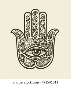 Ornate Hamsa Hand of Fatima. Hand-drawn ethnic amulet in decorative style. Vector illustration