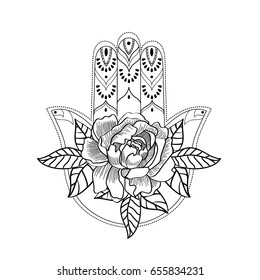 Ornate hamsa hand talisman decorated with rose. Black and white traditional lucky charm. Adult coloring book, tattoo, vector illustration.