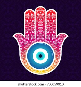 Ornate hamsa, obereg against the evil eye and spoilage. Arabic and Jewish amulet. Vector. Mystic, occult concept. Design for  psychedelic poster, flyer. Astrology, esoteric, religion.