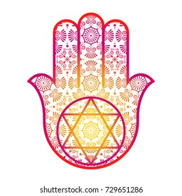 Ornate  Hamsa with the seal of Solomon. Popular Arabic and Jewish amulet. Vector illustration. Mystic, alchemy, occult concept.