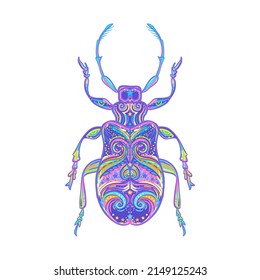Ornate hand drawn bug in bright colors. Beetle vector illustration isolated on white background. Retro tattoo design, nature, astrology, alchemy, magic symbol.