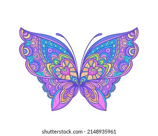 Ornate hand drawn butterfly in bright neon colors.  Han drawing design for t-shirt print or tattoo flash. Isolated vector illustration. 