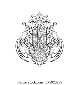 Ornate hand drawn hamsa. The element is made in the vector. A great card for any other type of design, birthday and other holiday, kaleidoscope, medallion, yoga, India, Arabic. Mandala tattoo