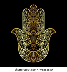 Ornate hand drawn hamsa. Hand of Fatima. Arabic, Indian and Jewish amulet. Gold sign for tattoo, textile prints, mascots