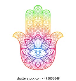 Ornate hand drawn hamsa. Hand of Fatima. Arabic, Indian and Jewish amulet. Colorful sign for tattoo, textile prints, mascots