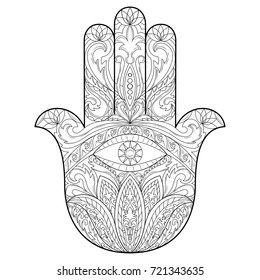 Ornate hand drawn hamsa. Hand of Fatima. Arabic, Indian and Jewish amulet. Sign for tattoo, textile prints, mascots.