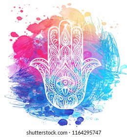 Ornate hand drawn hamsa. Popular Arabic and Jewish amulet. Vector illustration over colorful watercolor splash.