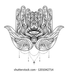 Ornate hand drawn hamsa. Popular Arabic and Jewish amulet. Vector illustration isolated on white. Tattoo design, mystic symbol. coloring book for adults. Black outline tattoo flash.