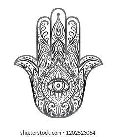 Ornate hand drawn hamsa. Popular Arabic and Jewish amulet. Vector illustration isolated on white. Tattoo design, mystic symbol. coloring book for adults. Black outline tattoo flash.