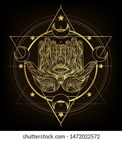 Ornate hand drawn hamsa. Popular Arabic and Jewish amulet. Vector illustration isolated on black. Tattoo design, mystic symbol. Gold gradient over black. 