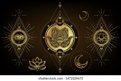 Ornate hand drawn hamsa. Popular Arabic and Jewish amulet. Vector illustration isolated on black. Tattoo design, mystic symbol. Gold gradient over black. 