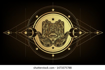 Ornate hand drawn hamsa. Popular Arabic and Jewish amulet. Vector illustration isolated on black. Tattoo design, mystic symbol. Gold gradient over black. 