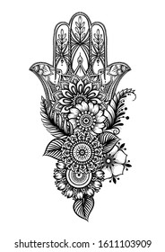 Ornate hand drawn hamsa. Popular Arabic and Jewish amulet. Vector illustration. Outline vector illustration, isolated on white background.