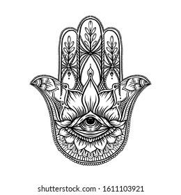 Ornate hand drawn hamsa. Popular Arabic and Jewish amulet. Vector illustration. Outline vector illustration, isolated on white background.