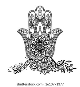 Ornate hand drawn hamsa. Popular Arabic and Jewish amulet. Vector illustration. Outline vector illustration, isolated on white background.