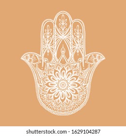 Ornate hand drawn hamsa. Popular Arabic and Jewish amulet. Vector illustration. Outline,v isolated on white background.