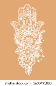 Ornate hand drawn hamsa. Popular Arabic and Jewish amulet. Vector illustration. Outline,v isolated on white background.