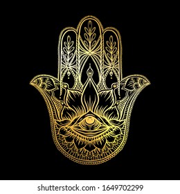 Ornate hand drawn hamsa. Popular Arabic and Jewish amulet in gold and black. Vector illustration.