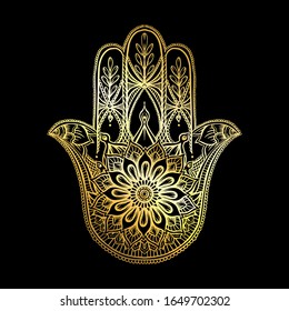 Ornate hand drawn hamsa. Popular Arabic and Jewish amulet in gold and black. Vector illustration.