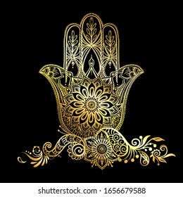 Ornate hand drawn hamsa. Popular Arabic and Jewish amulet in gold and black. Vector illustration.