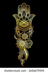 Ornate hamsa dibujado a mano. Popular amuleto árabe y judío en oro y negro. Ilustración vectorial.