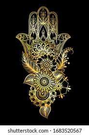 Ornate hamsa dibujado a mano. Popular amuleto árabe y judío en oro y negro. Ilustración vectorial.